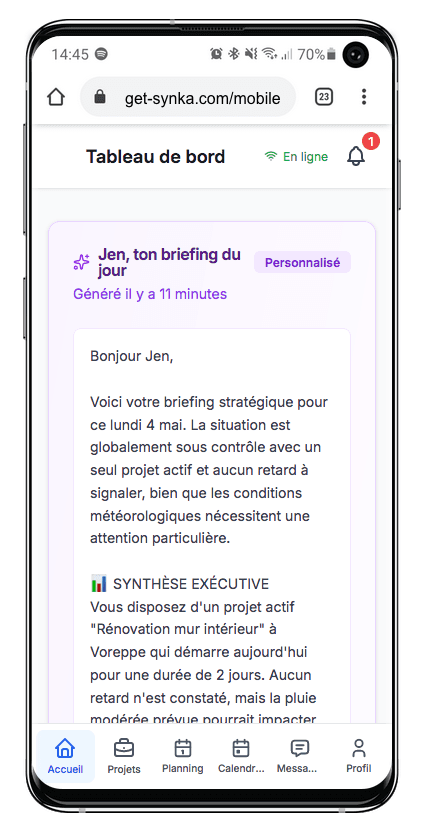 Apercu d’un briefing chantier quotidien genere par IA