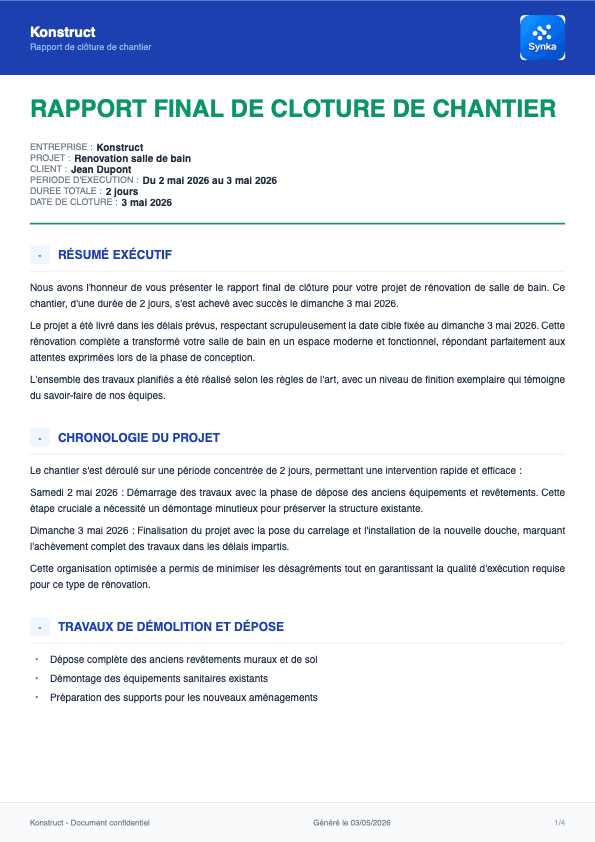 Apercu d’un rapport PDF de chantier genere par Synka